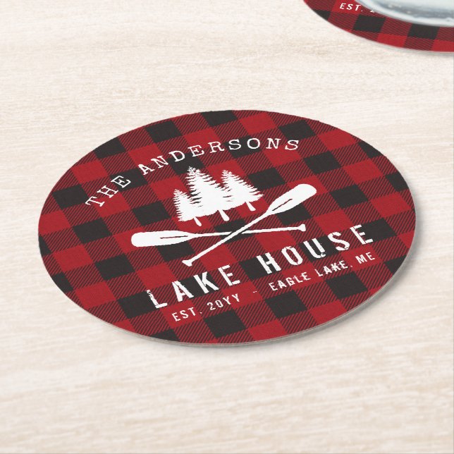 Rustic Country Lake House Tree Red Buffalo Plaid Round Paper Coaster (Angled)