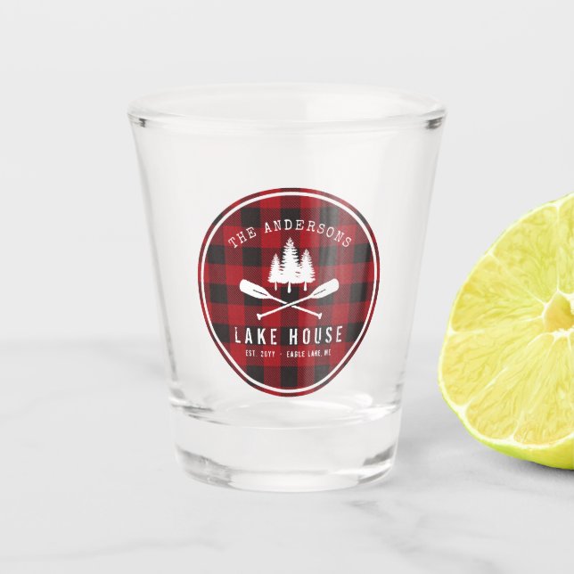 Rustic Country Lake House Tree Red Buffalo Plaid Shot Glass (Front)