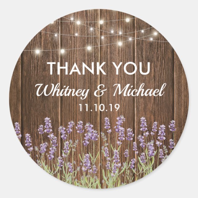Rustic Country Lavender Lights Wedding Favour Classic Round Sticker (Front)