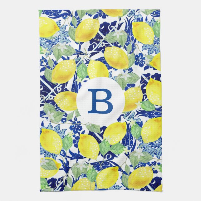 Rustic Country Lemons & Blue Floral | Monogram Kitchen Towel (Vertical)