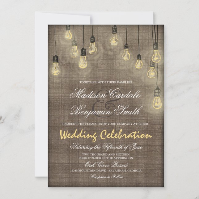 Rustic Country Lights Burlap Wedding Invitations (Front)