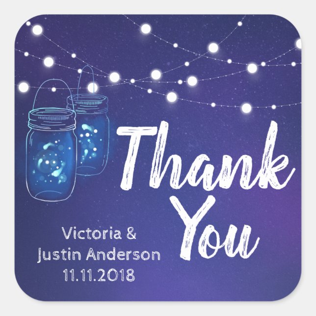 Rustic country lights mason jars fireflies Wedding Square Sticker (Front)