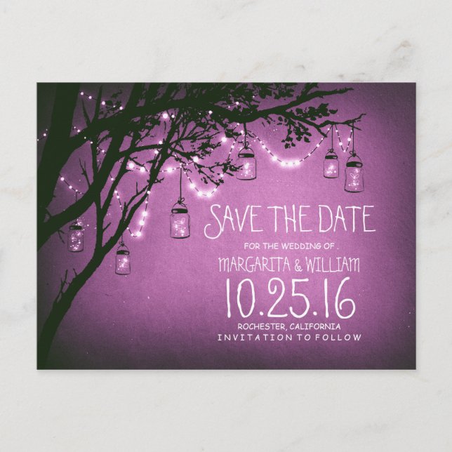 rustic country lights mason jars save the date announcement postcard (Front)