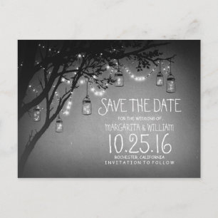 rustic country lights mason jars save the date announcement postcard