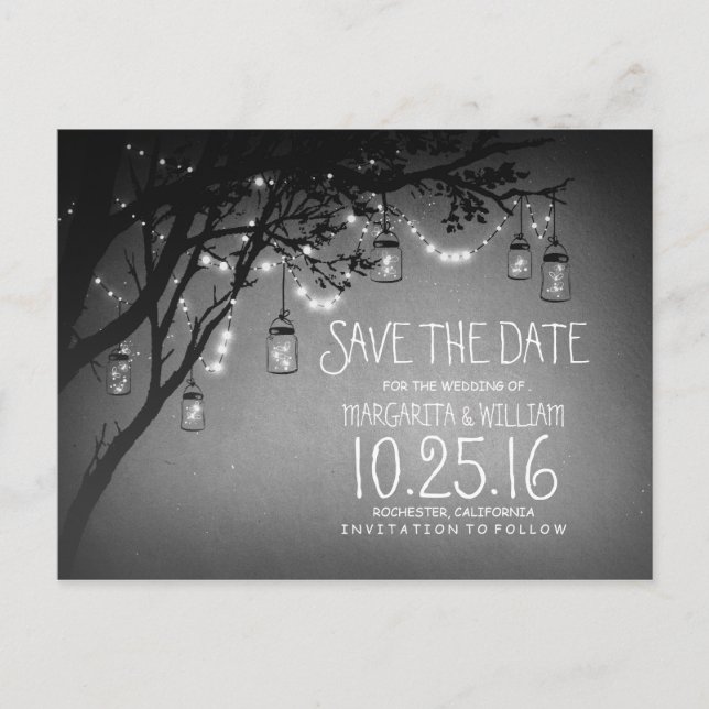 rustic country lights mason jars save the date announcement postcard (Front)