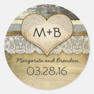 Rustic Country Love Heart Wood Wedding Classic Round Sticker