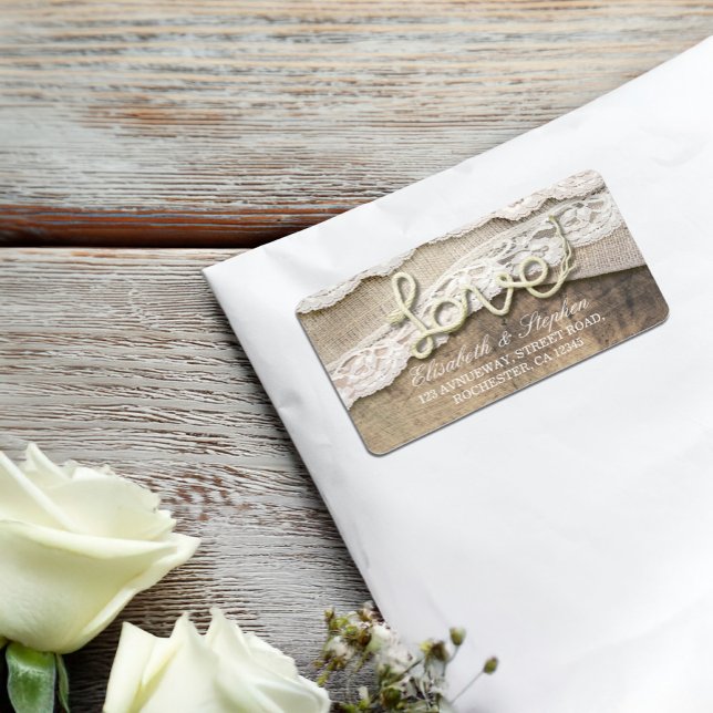 Rustic Country Love Rope Burlap Lace Wood Wedding Label (Creator Uploaded)