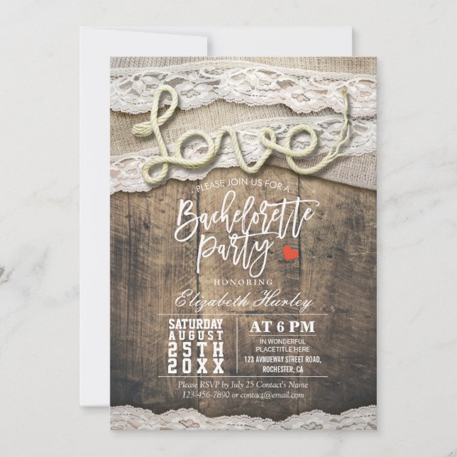 Rustic Country Love Rope Lace Bachelorette Party Invitation (Front)