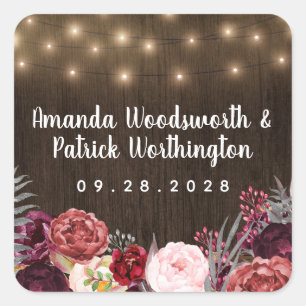 Rustic Country Marsala Peony Fall Wedding Favour Square Sticker