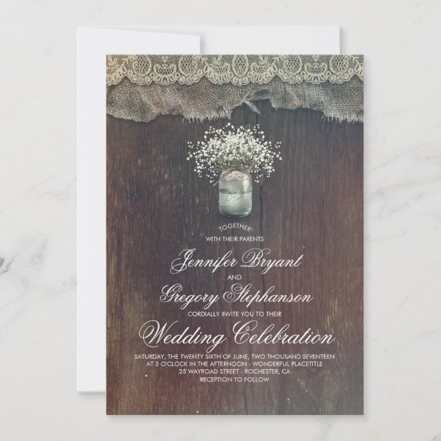 Rustic Country Mason Jar and Baby's Breath Wedding Invitation (Front)