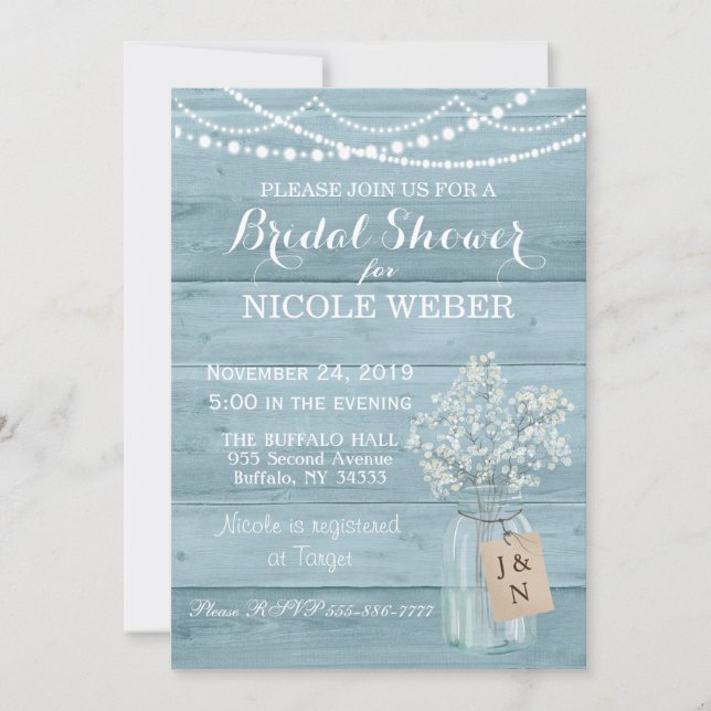 Rustic Country Mason Jar Blue Bridal Shower Invite (Front)