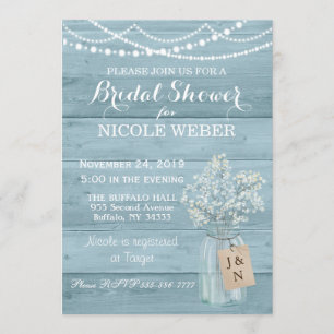 Rustic Country Mason Jar Blue Bridal Shower Invite