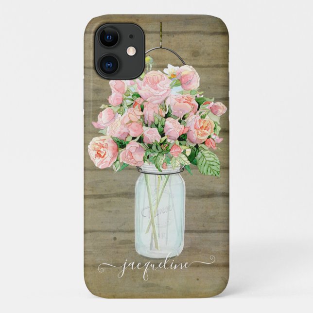 Rustic Country Mason Jar Blush Pink Roses Bouquet Case-Mate iPhone Case (Back)