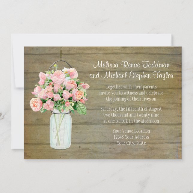 Rustic Country Mason Jar Blush Pink Roses Bouquet Invitation (Front)