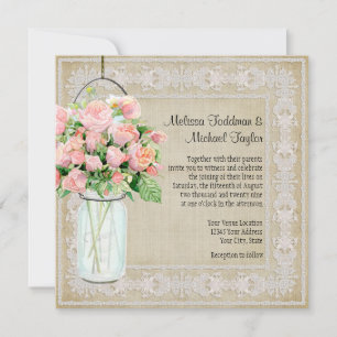 Rustic Country Mason Jar Blush Pink Roses Bouquet Invitation