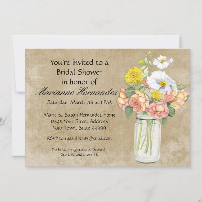 Rustic Country Mason Jar Bouquet Crackle Swirls Invitation (Front)