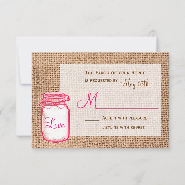 Rustic Country Mason Jar Burlap Mariage Cartes RSV (Devant)