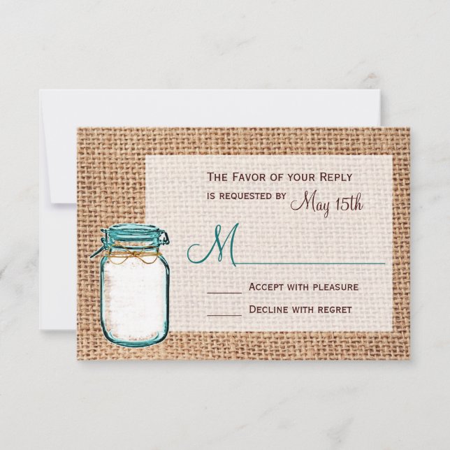 Rustic Country Mason Jar Burlap Mariage Cartes RSV (Devant)