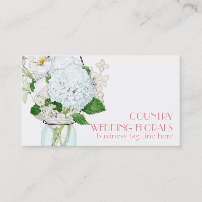 Rustic Country Mason Jar Flowers White Hydrangeas Business Card (Front)