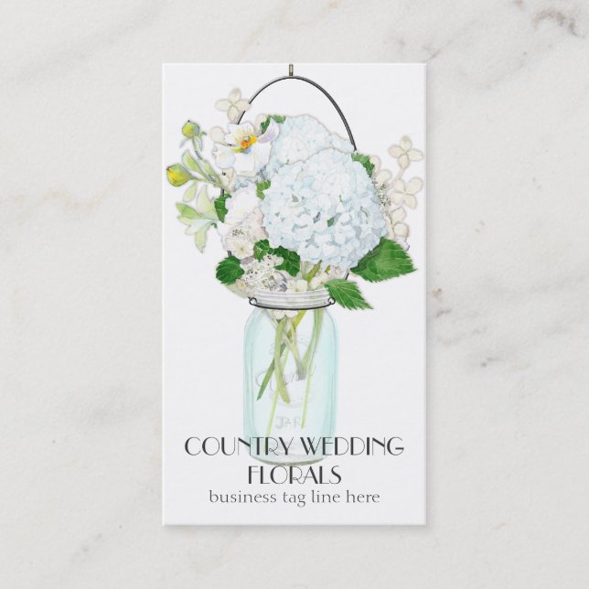 Rustic Country Mason Jar Flowers White Hydrangeas Business Card (Front)