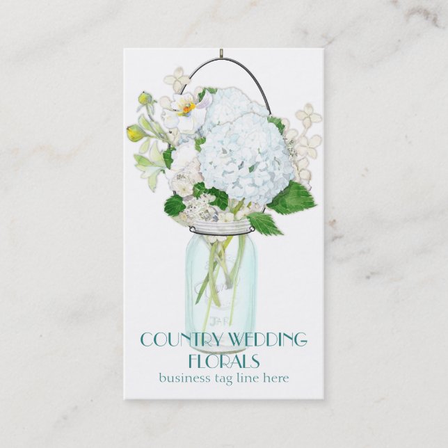 Rustic Country Mason Jar Flowers White Hydrangeas Business Card (Front)