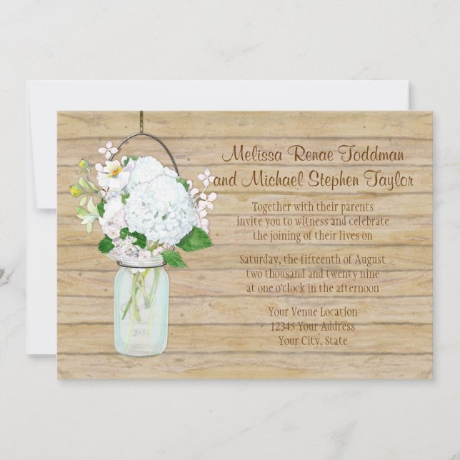 Rustic Country Mason Jar Flowers White Hydrangeas Invitation (Front)