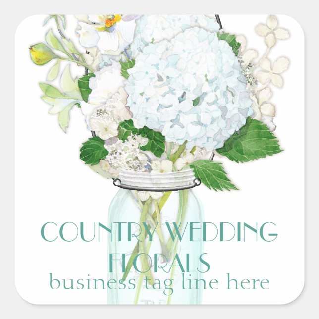 Rustic Country Mason Jar Flowers White Hydrangeas Square Sticker (Front)