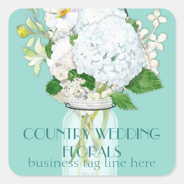 Rustic Country Mason Jar Flowers White Hydrangeas Square Sticker (Front)