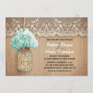 rustic country mason jar hydrangea wedding invitation