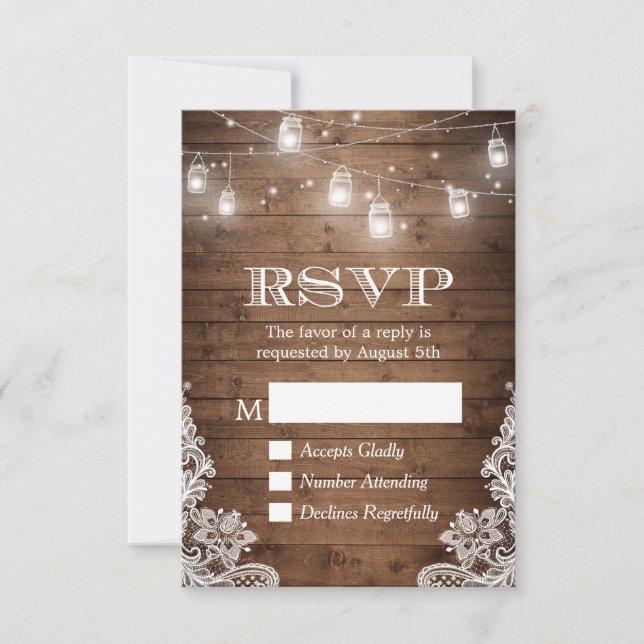 Rustic Country Mason Jar Lights Lace Wood RSVP (Front)
