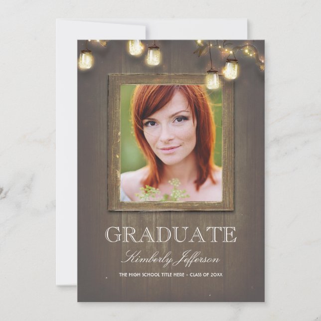 Rustic Country Mason Jar Lights Photo Graduation Invitation (Front)