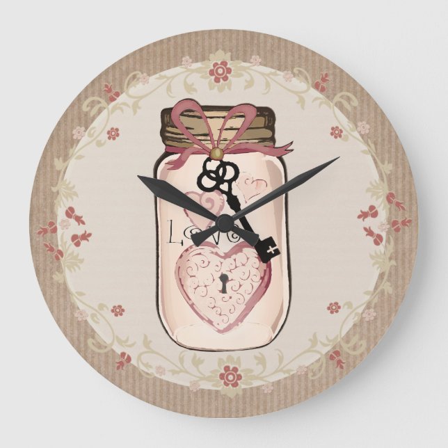 Rustic Country mason Jar Love Key Wall Clock (Front)