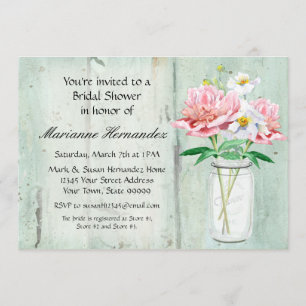 Rustic Country Mason Jar Peony Poppy Bouquet Pink Invitation