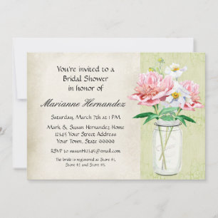 Rustic Country Mason Jar Peony Poppy Bouquet Pink Invitation