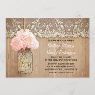 rustic country mason jar pink hydrangea wedding invitation