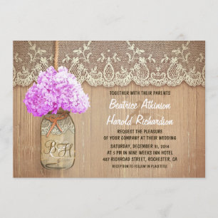 rustic country mason jar purple hydrangea wedding invitation