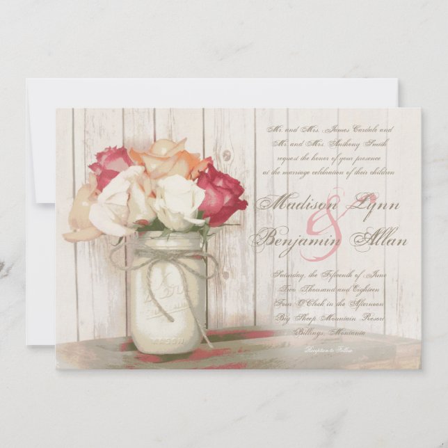 Rustic Country Mason Jar Roses Wedding Invitations (Front)