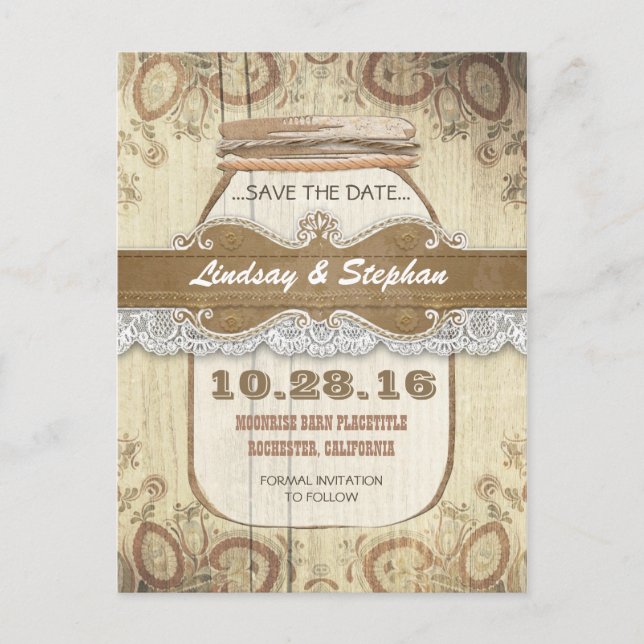 rustic country mason jar save the date postcards (Front)