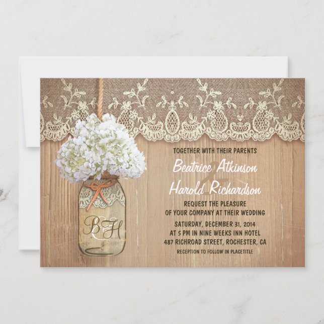 rustic country mason jar white hydrangea wedding invitation (Front)