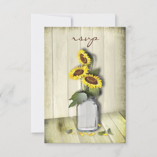 RUSTIC COUNTRY MASON JAR WITH SUNFLOWERS RSVP CARD (Front)