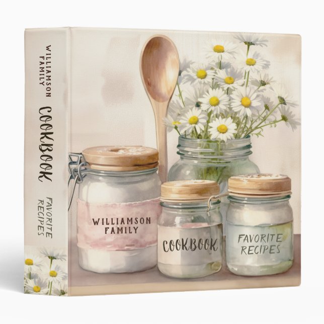 Rustic Country Mason Jars Daisies Cookbook Binder (Front/Spine)