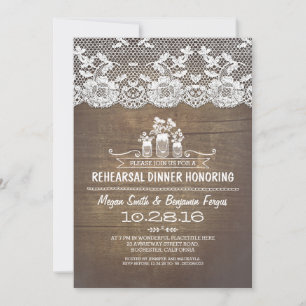 Rustic country mason jars lace rehearsal dinner invitation