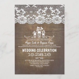 Rustic country mason jars wood lace wedding invite