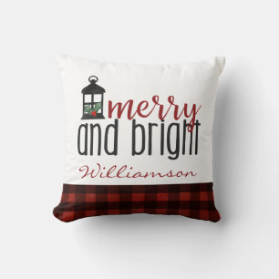 Rustic Country Merry and Bright Christmas Name  Throw Pillow
