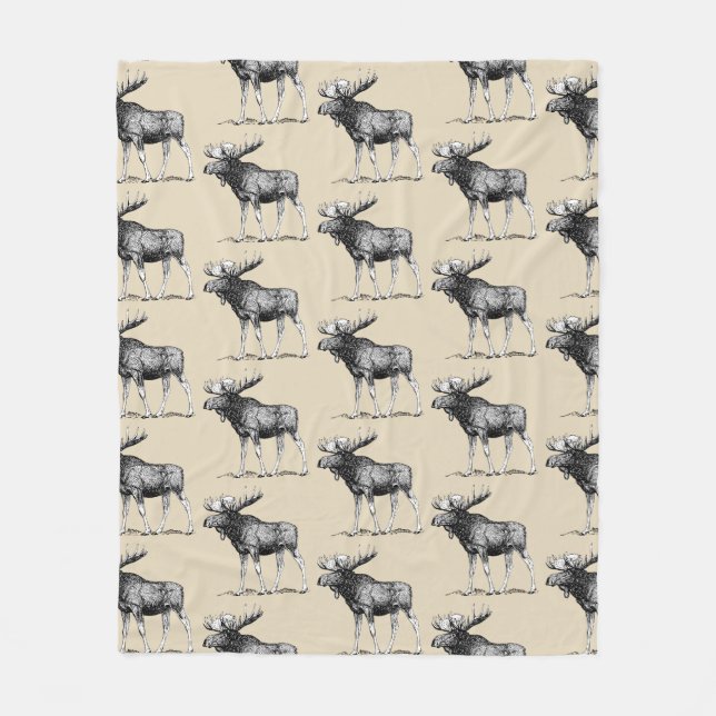 Rustic Country Moose Illustration & Taupe Fleece Blanket (Front)