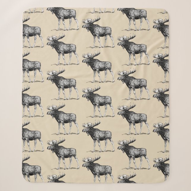 Rustic Country Moose Illustration & Taupe Sherpa Blanket (Front)