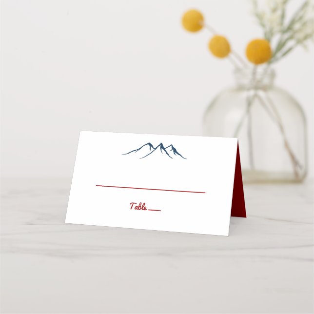 Rustic Country Mountains Deer Red Blue Wedding Place Card (Front)