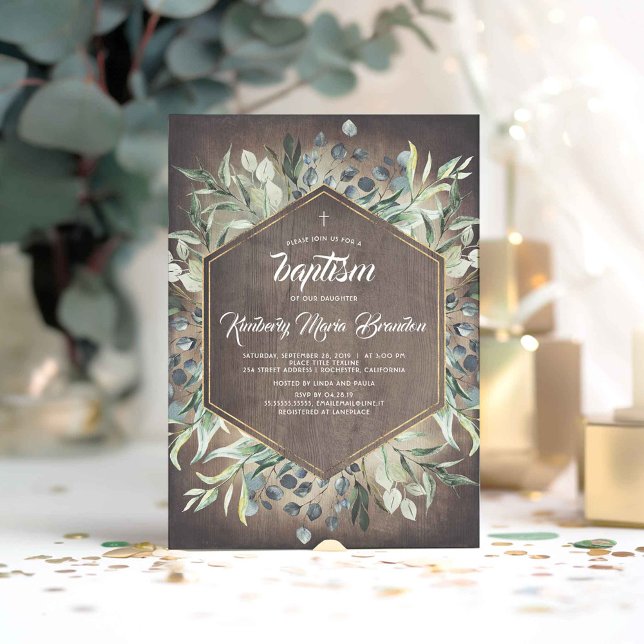Rustic Country | Natural Garden Greenery Baptism Invitation (Greenery Rustic Barn Wood Baptism Invitations)
