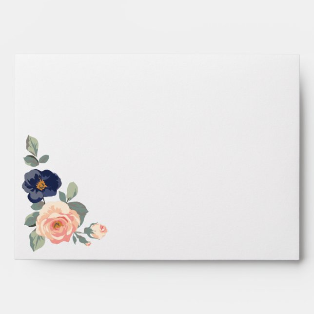 Rustic Country Navy Blue and Peach Floral Wedding Envelope (Front)