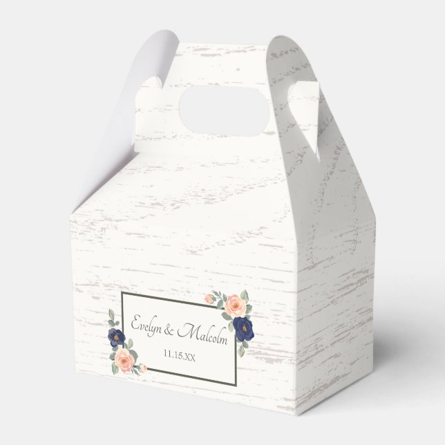 Rustic Country Navy Blue and Peach Floral Wedding Favor Box (Front Side)